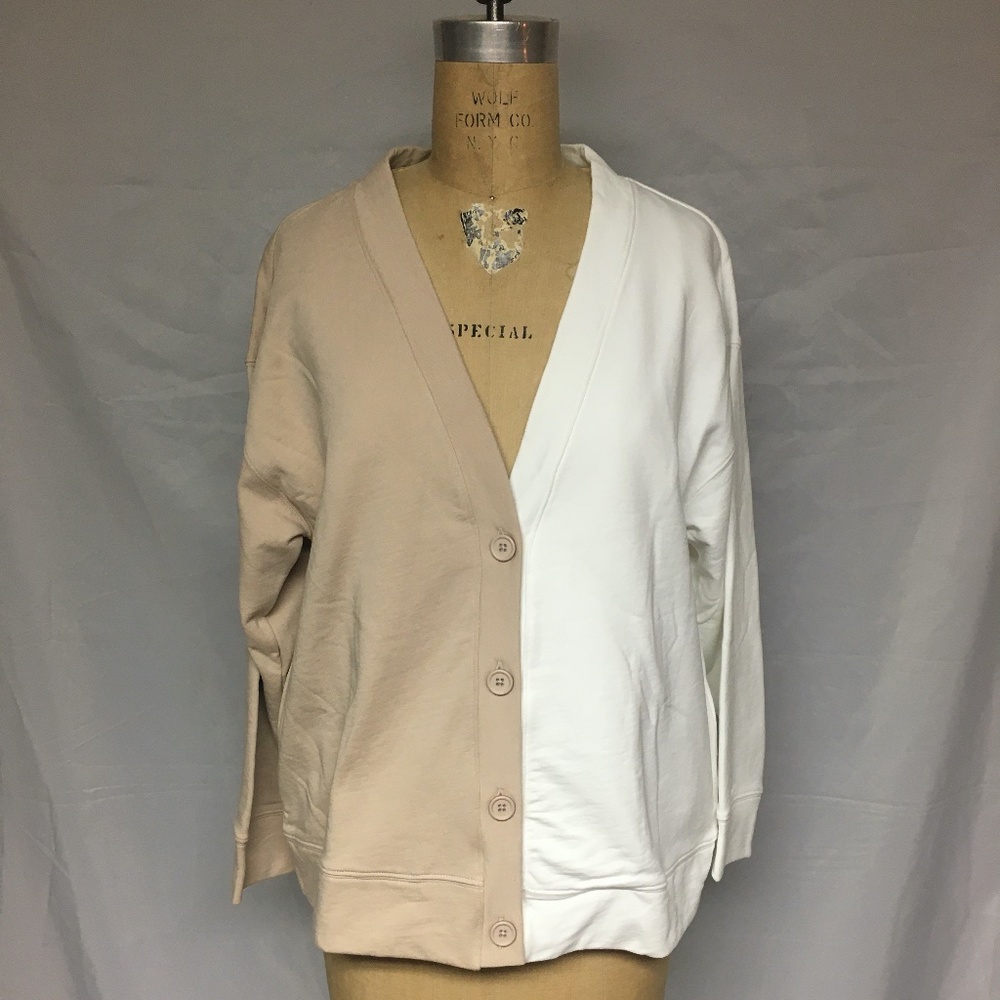 Terez Colorblock Cotton V-Neck Cardigan 9559 oat/milk white S,L,XL NWT $145